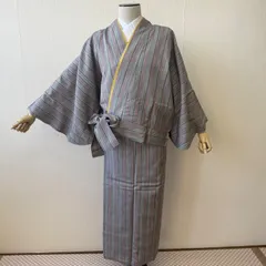 【希少】着物　二部式着物　正絹　紬　袷　二部式　グレー　縦縞　リサイクル着物　z-558