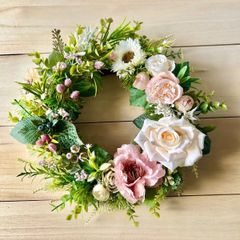7-23 春リース　春待ちリース　薔薇と小花のリース　ローズ　グリーンリース　ウォールグリーン　ナチュラルリース　ボタニカルリース　店舗　什器　ディスプレイ　ナチュラルインテリア