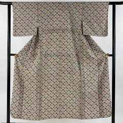 小紋 身丈150.5cm 裄丈60cm S 単衣 葉 幾何学模様 クリーム 正絹 優品 【中古】