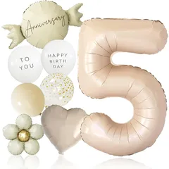 【新品】 deerzon くすみベージュ 5歳 くすみカラー 数字 バルーン 誕生日 飾り付け 10点 セット 大きい 65cm くすみ ニュアンスカラー ナンバーバルーン バースデー 0