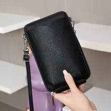 新作レザー調 縦型ジッパー付きミニショルダーバッグ（スマホポーチ／大容量）レディース 斜めがけバッグ【全6色】