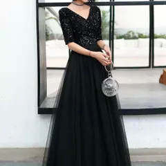 スパンコールがオシャレなVネックの半袖 チュール ドレス