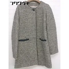 ◇ NATURAL BEAUTY BASIC ボーダー ノーカラー 長袖 コート サイズL ベージュ系 ブラック レディース  【1110040008214】