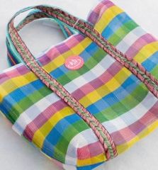 台湾バッグ 漁師網バッグ　刺繍  「ゆ」 カラフルチェック柄　サウナ 銭湯　用バッグに最適！！コーヒーを入れてプレゼントにしても素敵です。