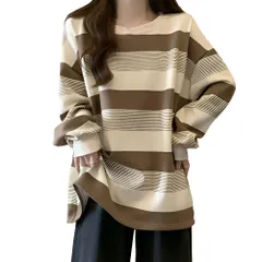 [レグエイト] ボーダー Tシャツ クルーネック トレーナー レディース 長袖 大きいサイズ パーカー 春 秋 冬 薄手 オーバーサイズ おしゃれ 可愛い 韓国 体型カバー (JP, アルファベット, M, ベージュ) [ベージュ] [M]