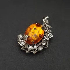 美品 碌山 ウィリアムモリス 碌山ジュエリー ブローチ ペンダントトップ 天然琥珀 アンバー やぐるまぎく マリーゴールド SV925 シルバー 2way ギフト プレゼント 贈り物