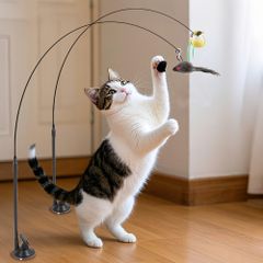 3個セット 猫用おもちゃスティック シミュレート鳥 鼠 ハンズフリー 長いポール ダブルロッド ベル付き 強力吸盤 インタラクティブ 子猫用 狩り ペット用品 手作り 猫の誕生日プレゼント フェイク羽根 ヘッド ランダムサイズ ランダムカラー バッテリー不要