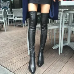 ブーツ ニーハイ ロング 膝上 秋冬 ポインテッドトゥ ローヒール ストレッチ レディース エナメル PU革 チャンキーヒール 美脚 M250419-25