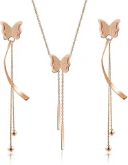 CHLOEOS 蝶 ピアス ネックレス セット レディース 人気 揺れる ステンレス スタッドピアス バタフライ k18金 大人 可愛い 結婚式 お呼ばれ 小顔 シンプル 両耳用 おしゃれ カジュアル 上品( ピンクゴールド セット C)