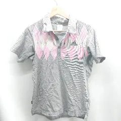 ◇ ⊂ adidas アディダス 胸にロゴ刺<!-利用不可文字-!> フロントに柄 半袖 ポロシャツ サイズM グレー メンズ E  【1410100012251】