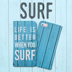 全機種対応 手帳型 スマホケース SURF サーフ サーフィン ウッド調 ブルー iPhone アンドロイド AQUOS Galaxy Xperia Google Pixel arrows OPPO ケース カバー 折りたたみ
