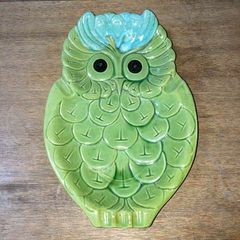 ヴィンテージ陶器1950年フクロウアクセサリー入れ小物入れグリーンLos Ang