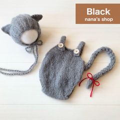 黒♪ねこ耳帽子としっぽ付きオーバーオール　ニューボーンフォト撮影衣装　猫　ネコ
