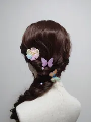 3点セット 浴衣用 お花 お蝶 つまみ細工 髪飾り Uピン ピンク 青 紫 黄 七五三 花火大会