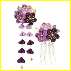 【新着商品】鈴付き 手作り 結婚式 赤 卒業式 花 黄 つまみ細工 和装 紫 振袖 着物 ピンク 袴 グレー 浴衣 七五三 白と青 成人式 髪飾り2点セット 6色 [JZOON]