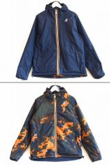 【213747】K-WAY ケーウェイ  リバーシブル　無地/カモ　 フード　中綿ジャンパー　ブルゾン　ナイロン メンズ  ・L ネイビー