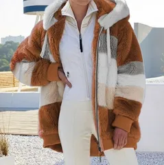 【ブラウン】ファーコート ジャケット フェイクファー アウター フード付き レディース  秋冬 ボーダー フーディー もこもこ 暖かい おしゃれ 大人カジュアル コーデ 防寒 ゆったり
