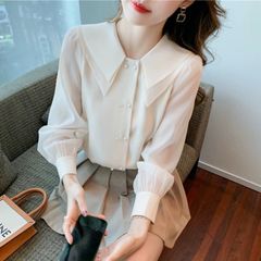 【新品】ダブル襟シフォンブラウス ビックカラー シャツ きれいめ 上品 春 夏 大人女子 通勤 通学 長袖 S M L XL 　OC-0011