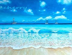 【一点物】『　碧海と漁船の詩　』油絵　F20号　油彩　手描き　絵画　原画　　インテリアアート