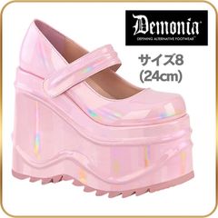24 cm demonia デモニア パンプス 厚底 ウェッジソール 15cm ヒール ピンク ホログラム エナメル 甲ベルト 厚底靴 パンク V系 ゴシック ゴスロリ 原宿系 ロリータ ファッション 韓国 コーデ 衣装 靴 レディース メンズ