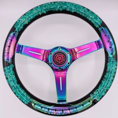 【ターコイズ】水中花ステアリング ネオクローム 当時物風 かわいい レトロ 旧車 社外