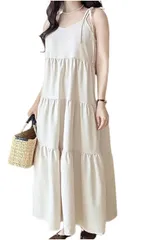 【最短発送】4色展開 ティアードワンピ ロング丈 [チュナッチ] キャミソール フレア ワンピース 肩リボン ノースリーブ 着痩せ ワンピ