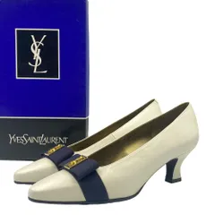 未使用品 YVES SAINT LAURENT イブ・サンローラン パンプス レザー ヒール リボン金具付き ホワイト×ネイビー 箱付き