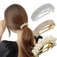 【特価商品】バレッタ パール インストーンヘアクリップ ヘアピン ヘアアクセサリー ポニーフック ポニーテール用 ゴールド おしゃれ 可愛い キラキラ輝くクリスタル 髪飾り 髪留め 日常 通勤 ３点セット