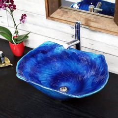 信楽焼 手洗い鉢 洗面ボウル 陶器 幅42.5cm 大型サイズ 藍の色長角型手洗い鉢 tr-4125