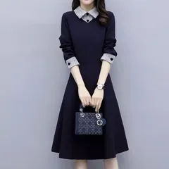 ワンピース レディース フレア 膝丈 長袖 Vネック 襟付き ドッキング Aライン 切り替えデザイン 大人可愛い きれいめ シンプル 上品 おしゃれ レトロ こなれ感 ガーリー エレガント モダン 抜け感 キュート クラシカル 学生風 ベーシック ナチュラル 