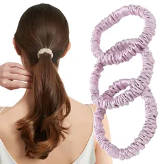 シュシュ シルク 100％ 髪ゴム 【美容のプロ推薦】 『髪に優しくダメージ軽減』 ヘアゴム 3個セット 大人 おしゃれ (ライトラベンダー)