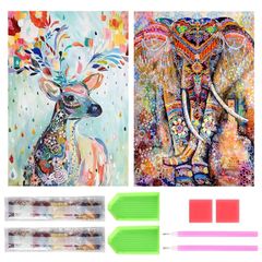 【迅速発送】サムコス ダイヤモンドアート キット ダイヤモンドの絵画 2個セット きれい 全面貼り付け ダイヤモンドアート 5D 初心者 大人の子供 DIY 手芸キット 家の壁の装飾 (シカとゾウ)