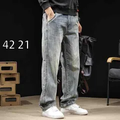 [42 21 ]秋冬 コーデ メンズ  服 シンプル ファッション オシャレ 大人 かっこいい 大きいサイズ ストリート 紳士服 ライト ウォッシュ ストレート ジーンズ ワイド レッグ ロング パンツ 