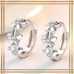 073【ハワイアンジュエリー】プルメリア　ダイヤ　フープピアス　3輪　シルバー925