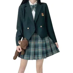 [cnstone] 女子高生 制服 学生服 セーラー服 JK制服 女子高生 高校制服 5点セット リボン ブレザー スカート チェック セット スクール ファッション レディース お揃い 卒業式スーツ ハロウィン コスプレ (XS, グリーン)
