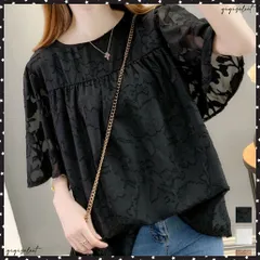 フレア袖シフォンブラウス レディース夏服 ジャガードブラウス 透け感フレアスリーブ 夏トップス半袖 カジュアルきれいめ フェミニン ゆったりプルオーバー涼しげ薄手 花柄トップス上品 韓国ファッション夏 ブラウス体型カバー