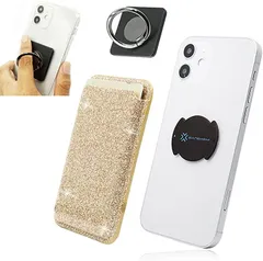 ノーブランド品 スマホにぴったり。くるっと装着 着脱簡単カードケース スマホリング付き ワイヤレス充電対応 iPhone/android対応( ラメゴールド)