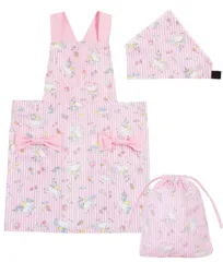 子供用 ３点セット (エプロン 三角巾 巾着袋) キッズエプロン 綿100％ 肌に優しい 女の子 着脱簡単 [ニシキ] バッククロス ポケット付き 100cm-120cm/120cm-140cm