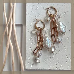 マルチway♡ ハンドメイドピアス《304ステンレス スチール フープ》 バロックパール ニュアンスパール メタル チェーン カスタムピアス モード ゴールド シルバー 天然石 クリア クォーツ クリスタル アレルギー対応《イヤリング変更可能》