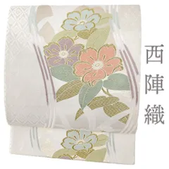 袋帯 中古 リサイクル 正絹 唐織 グレージュ 灰色 ベージュ 金糸 花 椿 花菱 流水 仕立て上がり セミフォーマル 成人式 結婚式 No.i6-2005