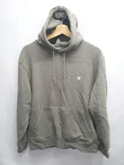 ◇ ⊇ Champion チャンピオン 裏起毛 ロゴ刺繍 長袖 プルオーバー パーカー サイズLARGE カーキ系 レディース メンズ E  【1507230004437】