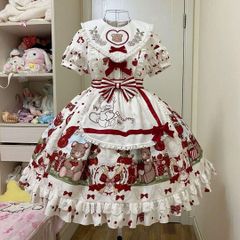2025年新作 可愛いクマちゃん柄♪ロリータワンピ♪ひざ丈お出かけ普段着におすすめ
