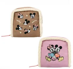 ディズニー スクエアポーチ ＜ グレージュ ・ パープル ＞ ポーチ 化粧ポーチ アクセサリーポーチ メイク コスメ 収納 お出かけ ボア もこもこ ミッキーマウス ミニーマウス ディズニー