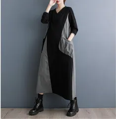 新品 2026新作 モード系　秋物　配色　個性派　大きいサイズ レディース ロング　ワンピース　春 秋冬 新品 長袖　Aライン ポケット
