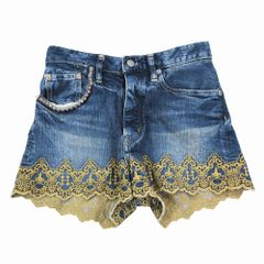 13ss HYSTERIC GLAMOUR ヒステリックグラマー デニム 刺繍 ショートパンツ ショーツ スタッズ XS ブルー レディース 【中古】
