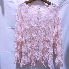 ⑥【新品未使用・タグ付き】Sachi high collection くすみピンク カーディガン レース フラワー ビジュー 長袖 保管品 レディース 婦人服 羽織 透かし編み ボレロ トップス ブラウス カギ編み 豆しぼり