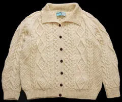 アイルランド製 John Molloy ケーブル編み 襟付き ウール ハンドニット カーディガン ナチュラル★フィッシャーマン アラン ユーロ