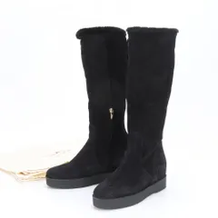 極美品 サルヴァトーレフェラガモ ヴァラ ロング ムートン ブーツ ブラック 黒 7 24.5cm ボア レザー 靴 レディース MLM BO28-10【中古】