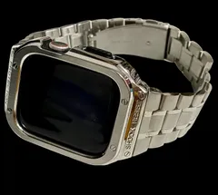 シルバー★アップルウォッチバンド ステンレス カバー　Apple Watch ケース 44mm 45mmメンズ レディース スポーツ 一体型　316L高級ステンレス