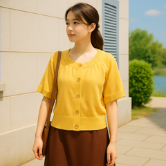 ＼華やかカラーで夏映え☀️／ LOUNIE＊ワイドスリーブ半袖カーディガン｜イエロー・M相当